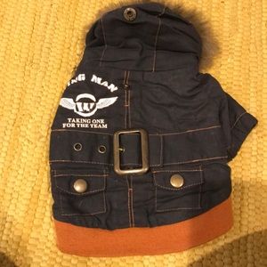 Dog jacket with fur trimmed hood.